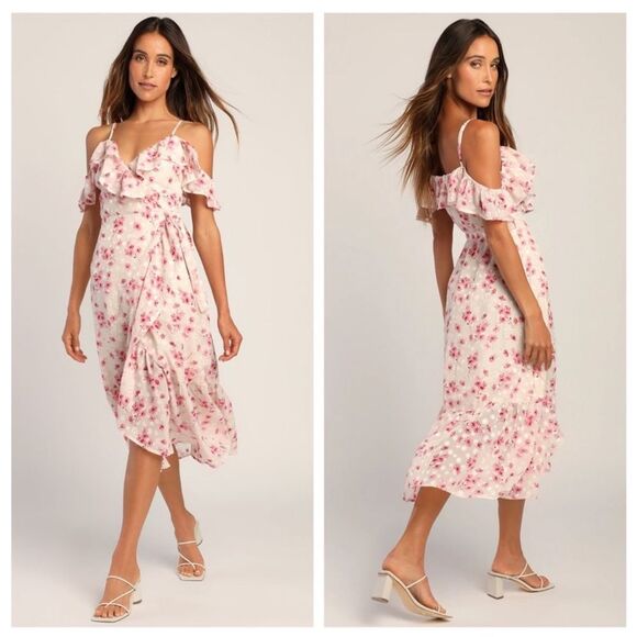NWT Lulus Bright Weather Blush Floral Jacquard Cold-Shoulder Wrap Dress - Picture 1 of 5